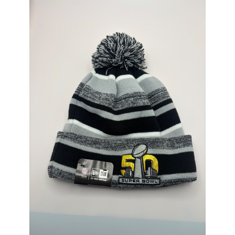 New Era NFL Super Bowl 50 Beanie Hat Black Grey Striped Pom Cuffed 11217698 OSFA
